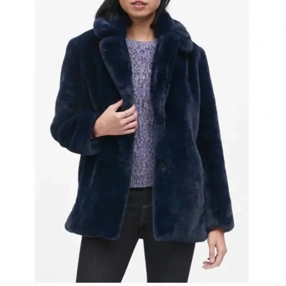 Banana Republic Navy Blue Faux Fur Teddy Coat Jacket Small S Luxury